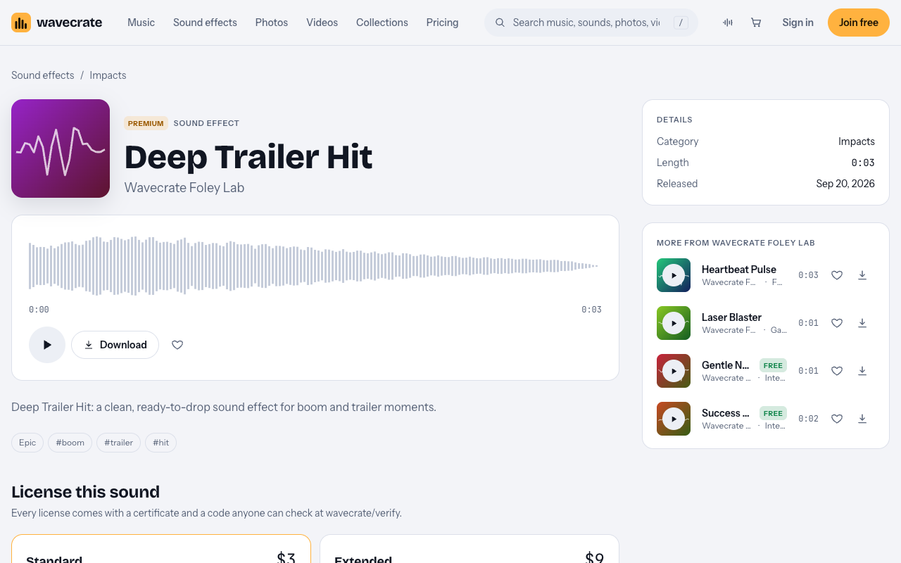 Deep Trailer Hit sound page on Wavecrate with its Standard and Extended licenses