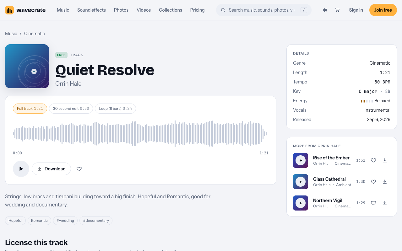 Quiet Resolve cinematic track page on Wavecrate, marked Free, with its license cards