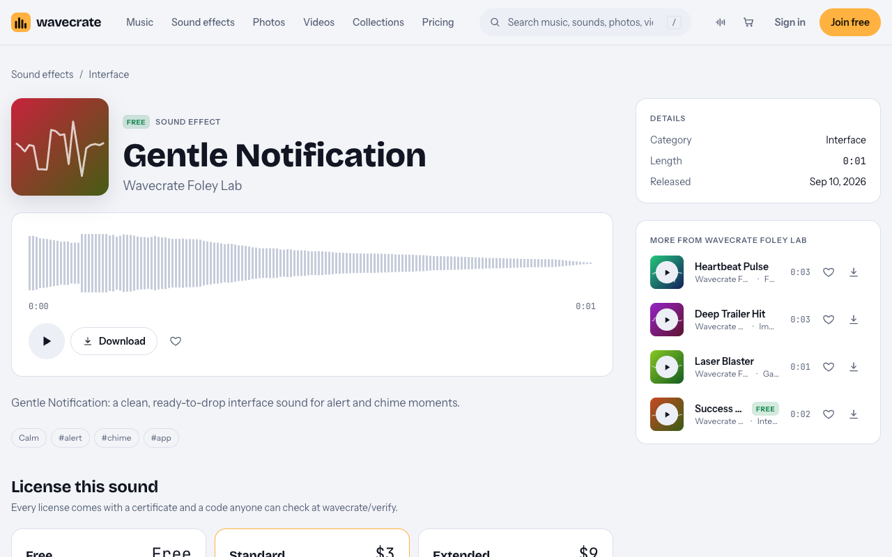 Gentle Notification sound page on Wavecrate, marked Free, with its license cards