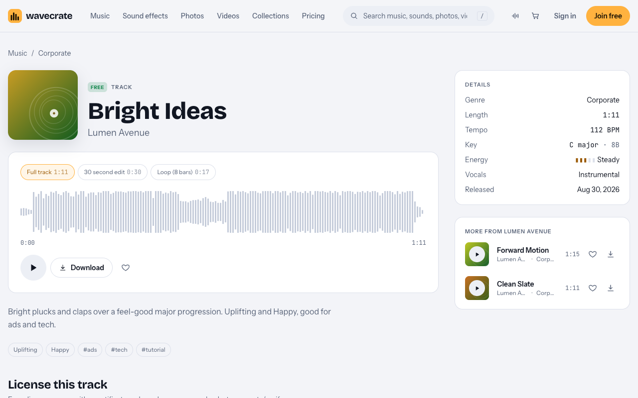 Bright Ideas corporate track page on Wavecrate, marked Free, with its license cards