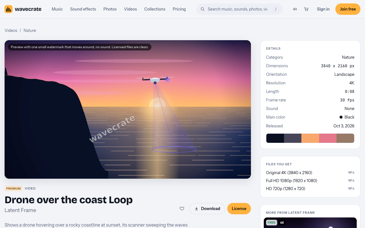 Drone over the coast Loop video page on Wavecrate with its 4K details