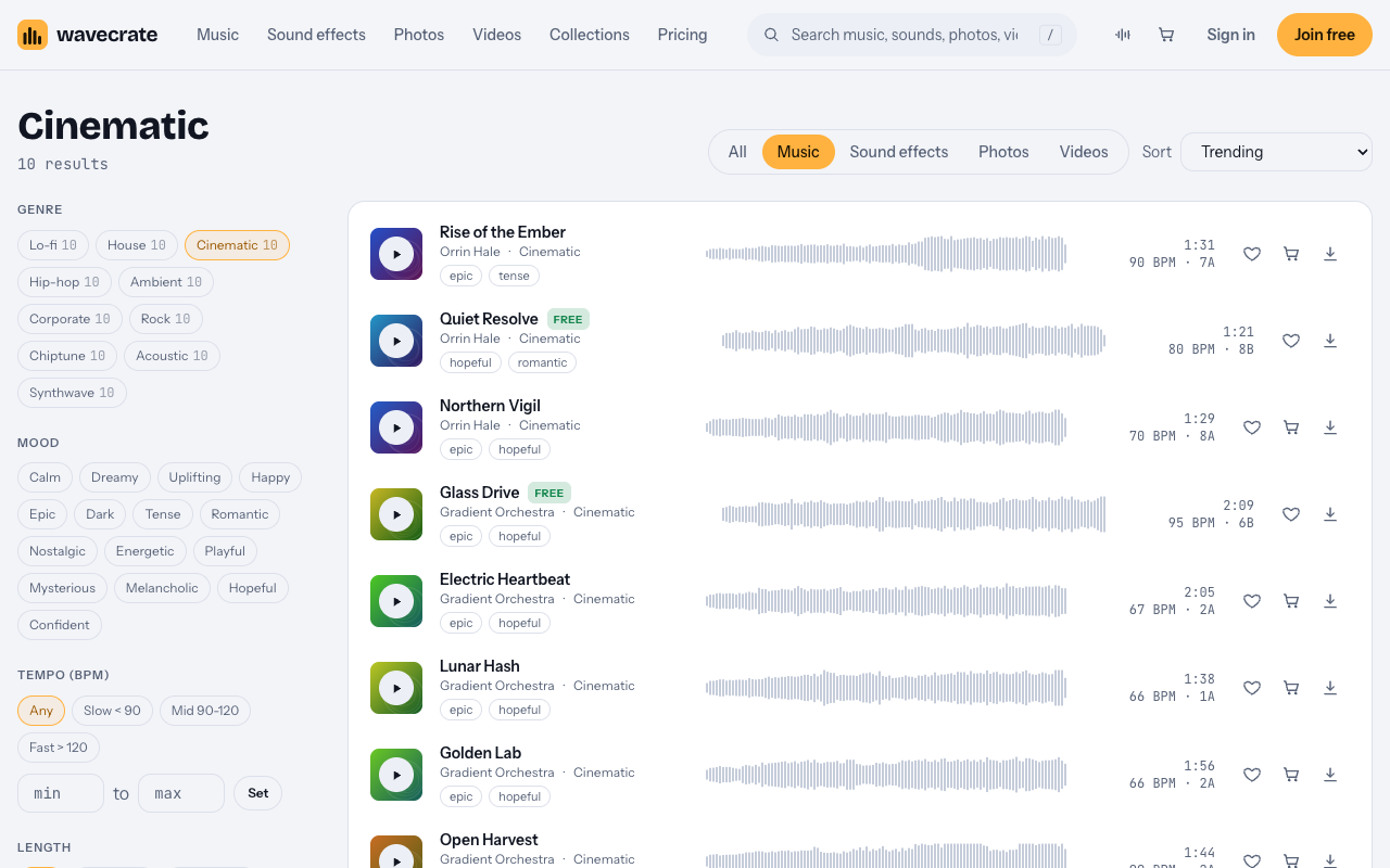 Wavecrate Cinematic music genre listing ten tracks with mood, tempo and key
