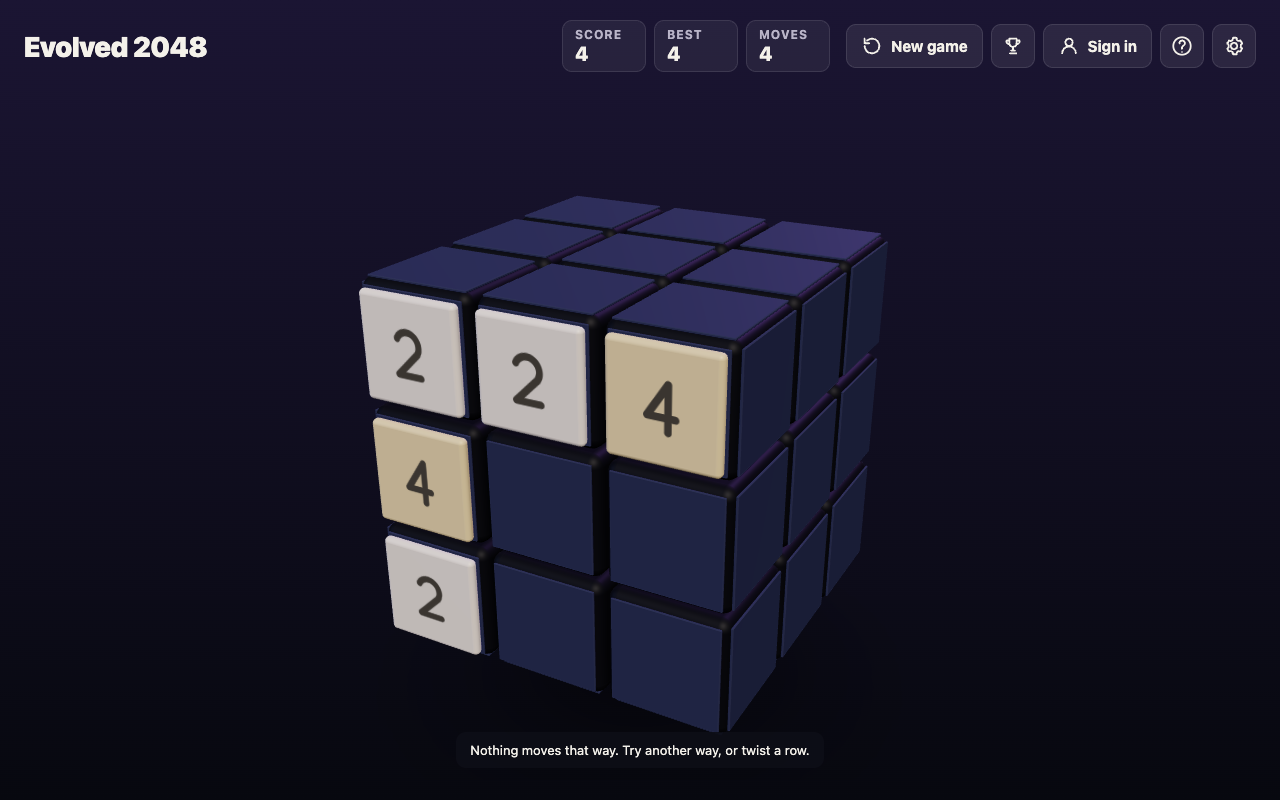 Evolved 2048 front face with 2 and 4 tiles and the message Nothing moves that way