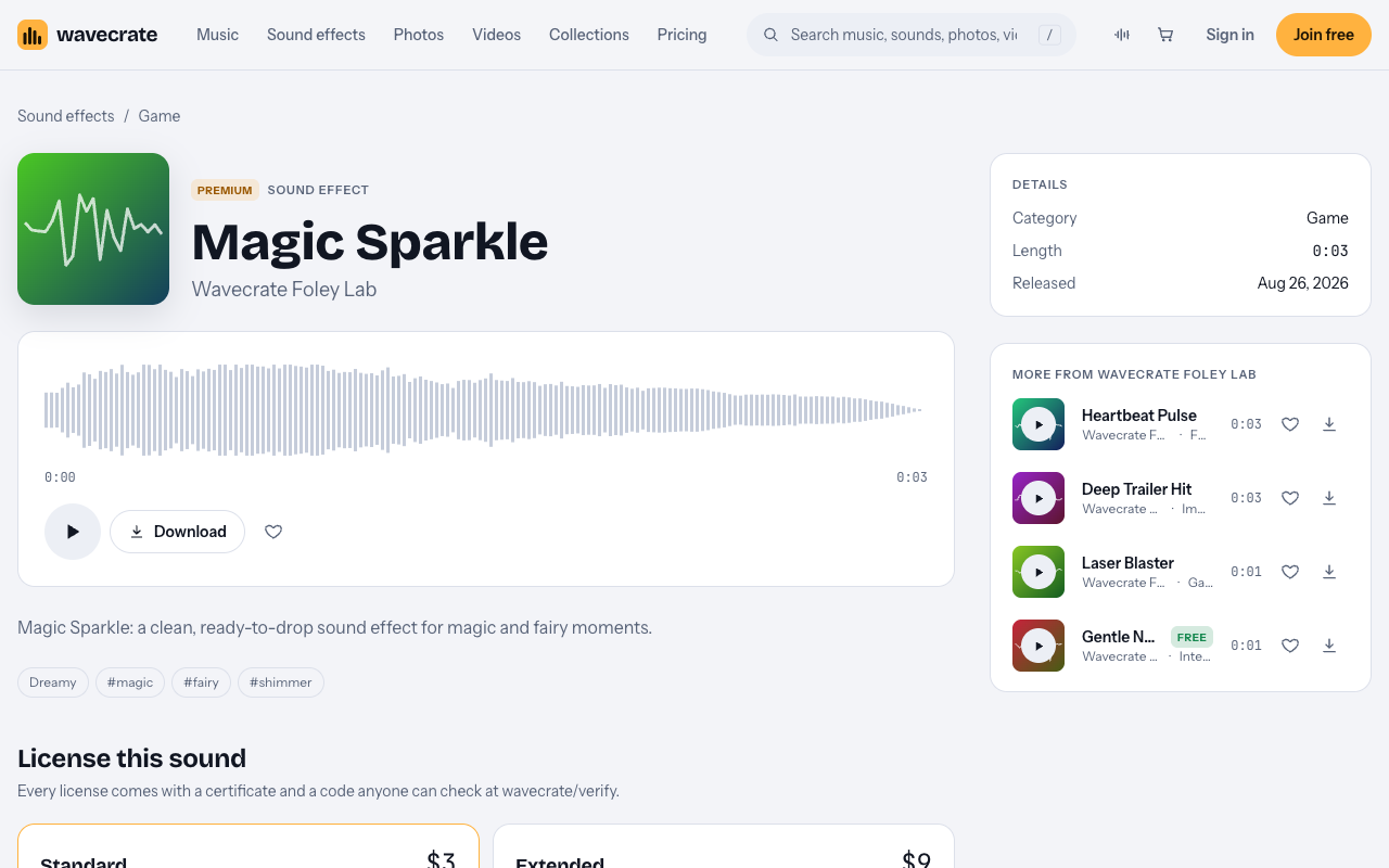 Magic Sparkle sound page on Wavecrate with its Standard and Extended licenses