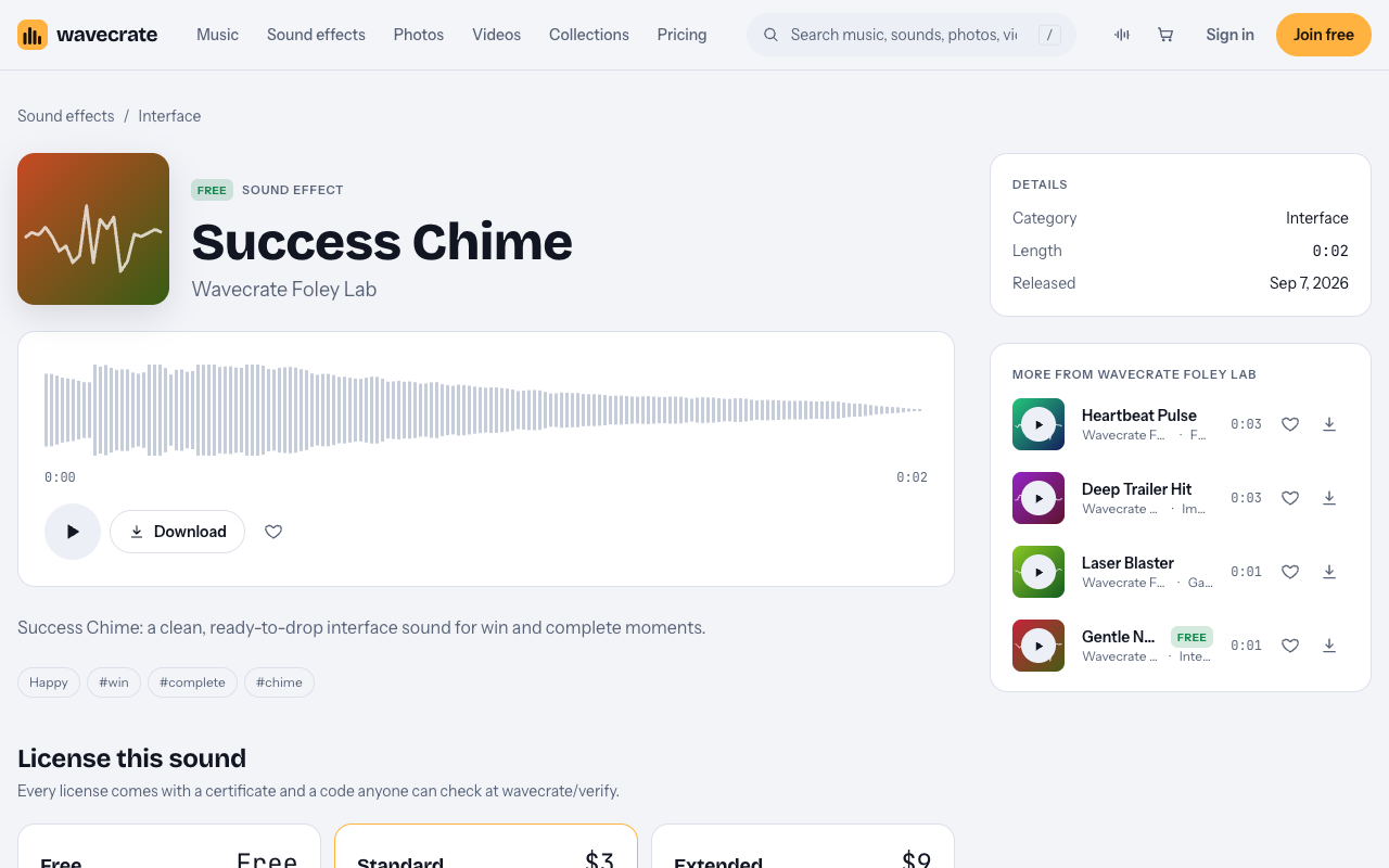 Success Chime sound page on Wavecrate, marked Free, with its license cards