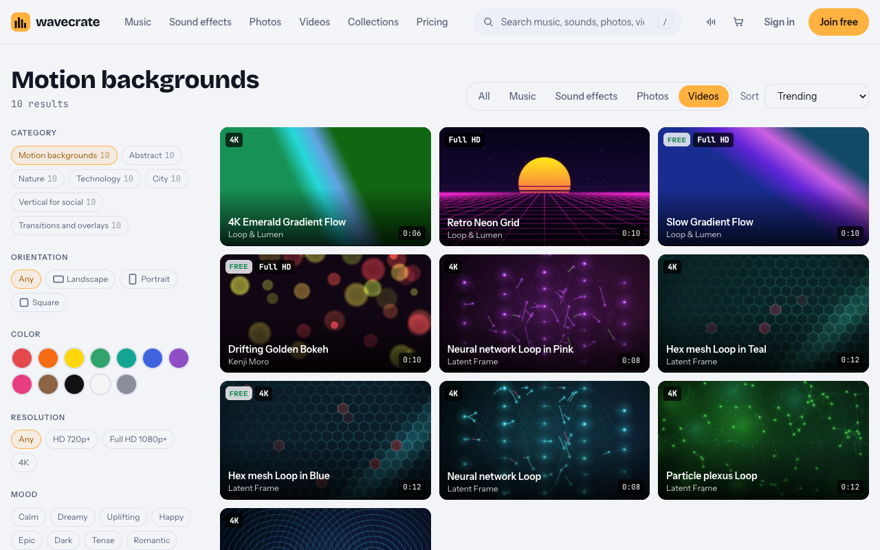 Wavecrate Motion backgrounds category with neural network, hex mesh and gradient loops