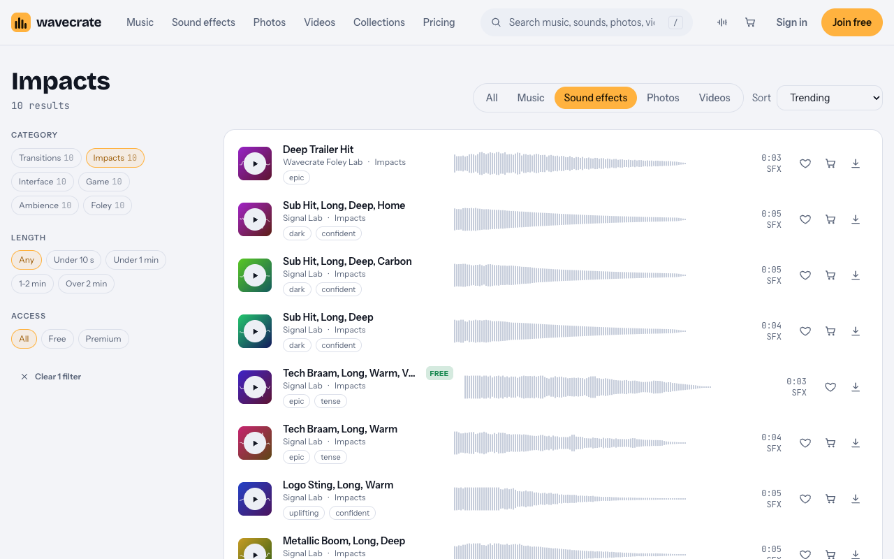 Wavecrate Impacts sound effects category with trailer hits, sub hits and braams