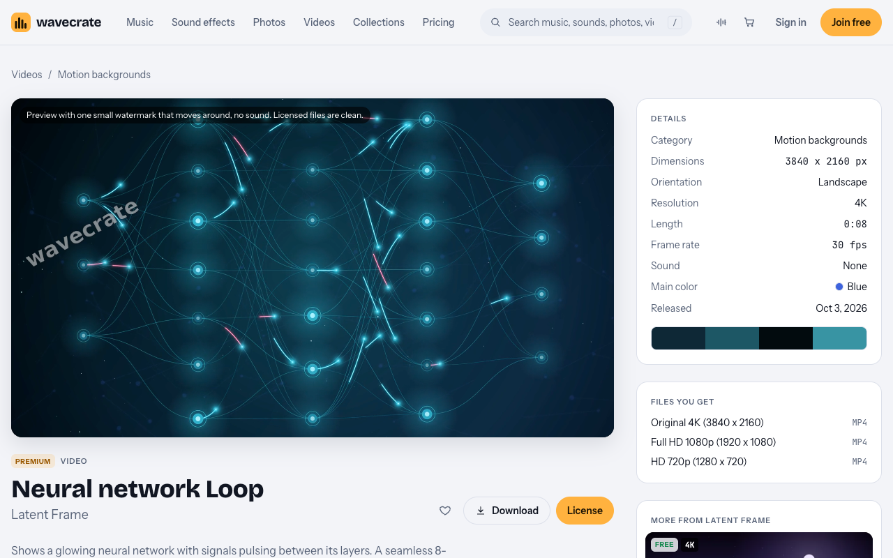 Neural network Loop video page on Wavecrate with its 4K details