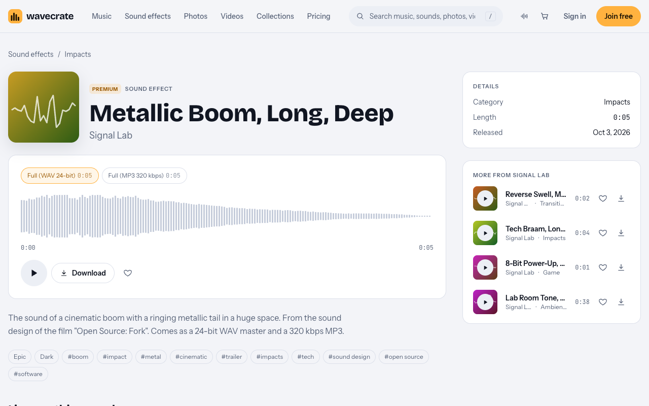 Metallic Boom, Long, Deep sound page on Wavecrate with its Standard and Extended licenses