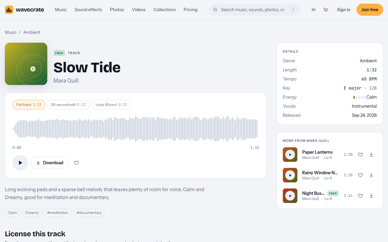 Slow Tide ambient track page on Wavecrate, marked Free, with its license cards