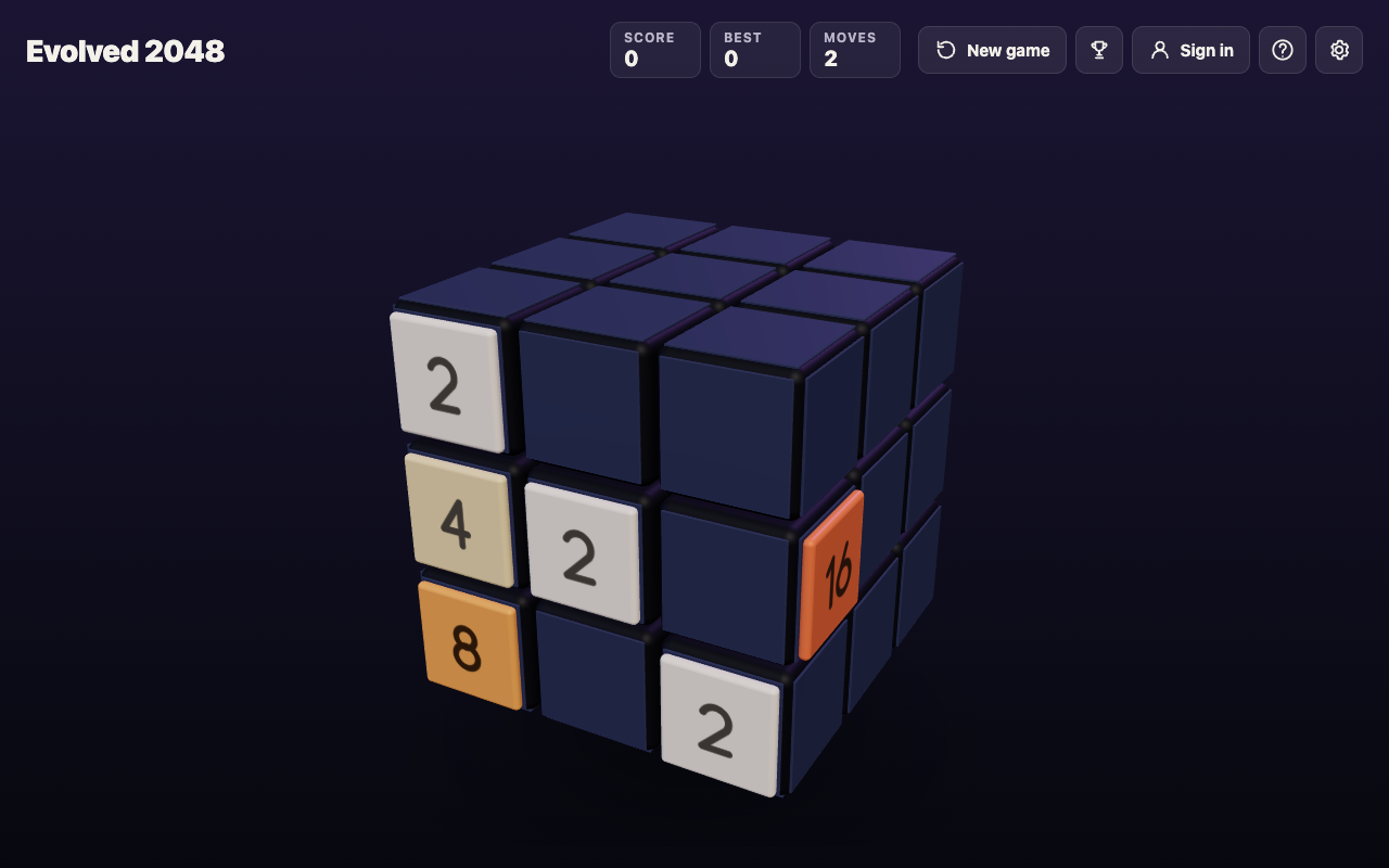 The cube after a twist and a twist back, with the 2, 4 and 8 in the left column again and Moves 2