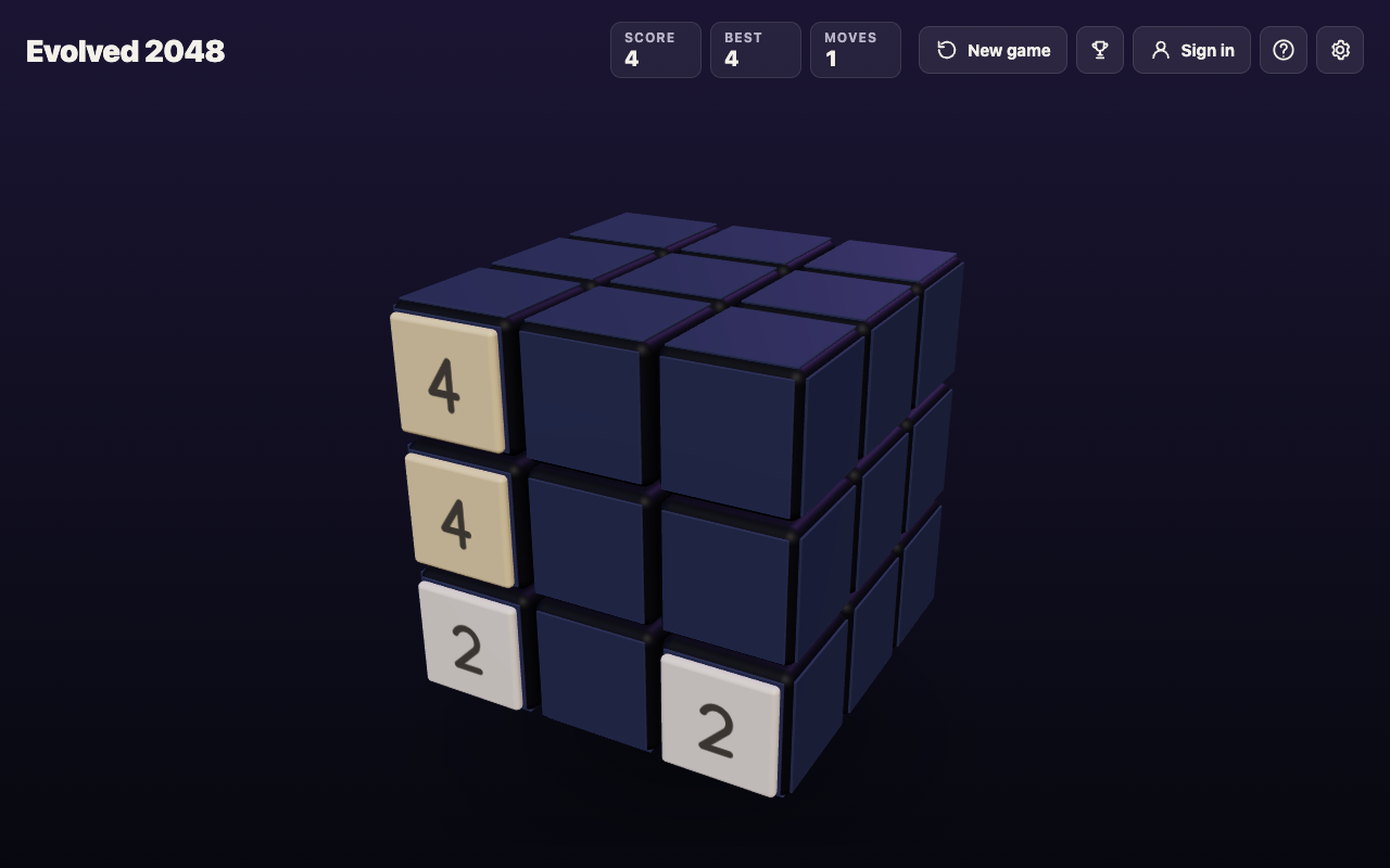 The cube after one slide and seven undo-style key presses, still showing Score 4 and Moves 1