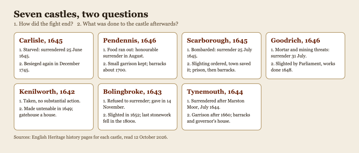 Diagram of seven castles, Carlisle, Pendennis, Scarborough, Goodrich, Kenilworth, Bolingbroke and Tynemouth, each with how its fight ended and what happened to it afterwards