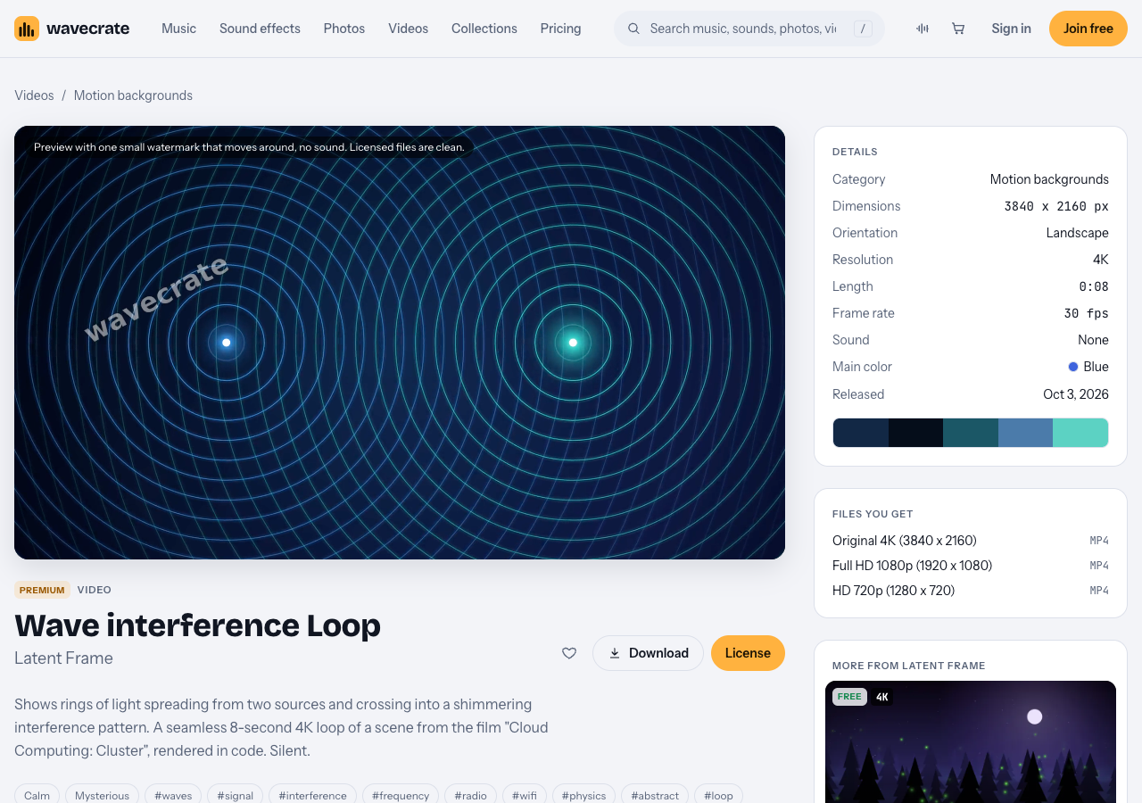 Wavecrate page for the Wave interference Loop showing two glowing sources with rings of light crossing between them