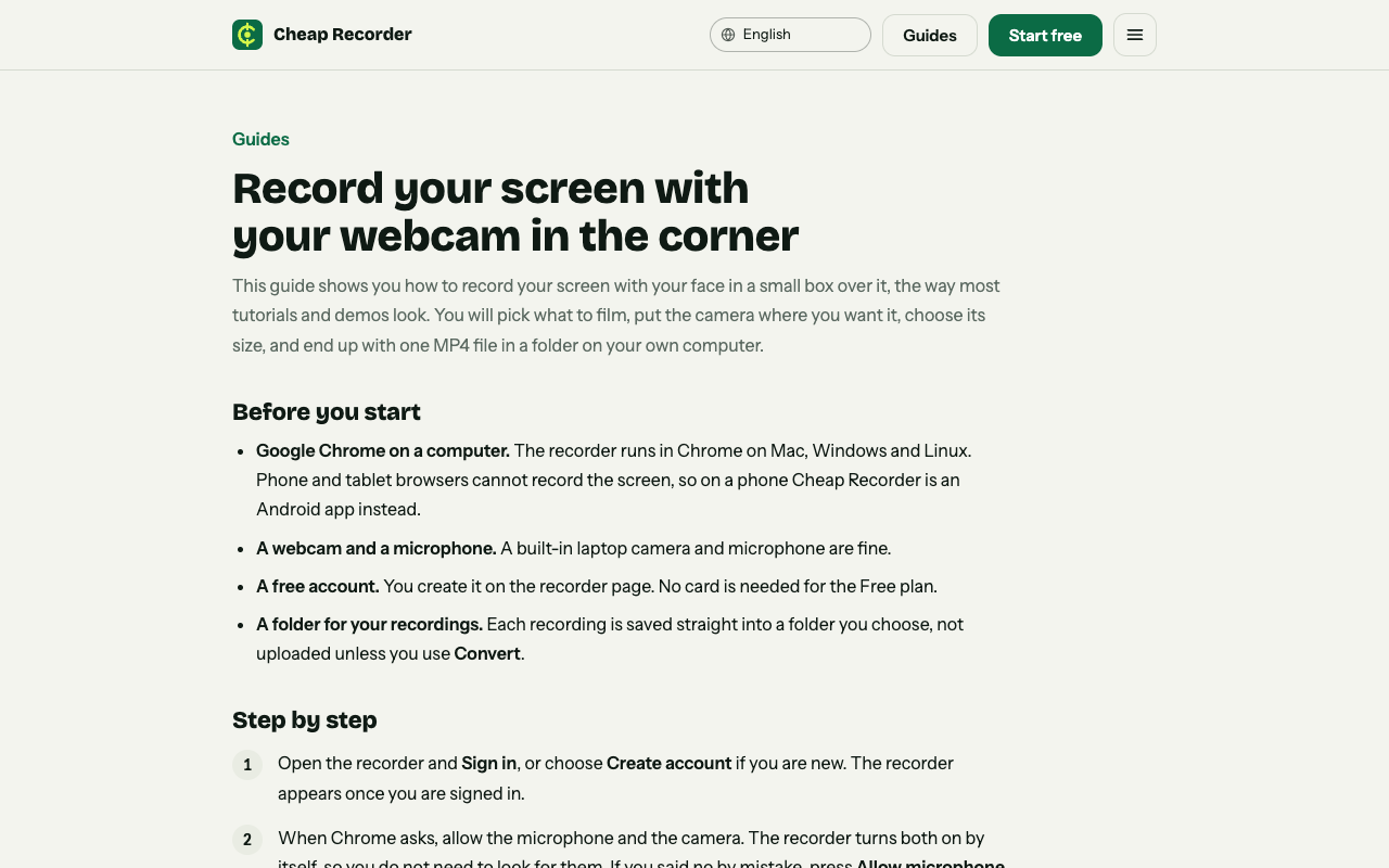 Cheap Recorder guide page on recording your screen with your webcam in the corner