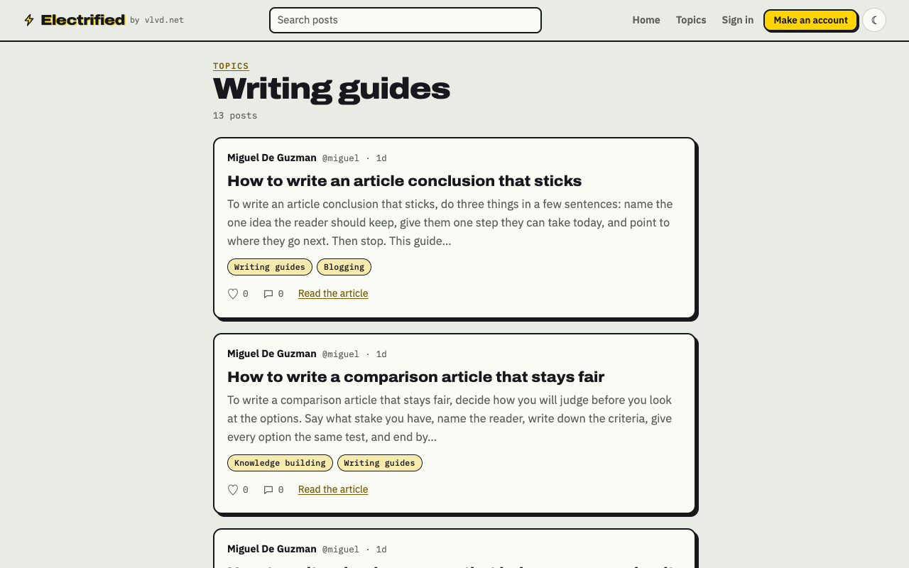 Electrified's Writing guides topic page, listing guides on writing such as the article conclusion and the fair comparison article
