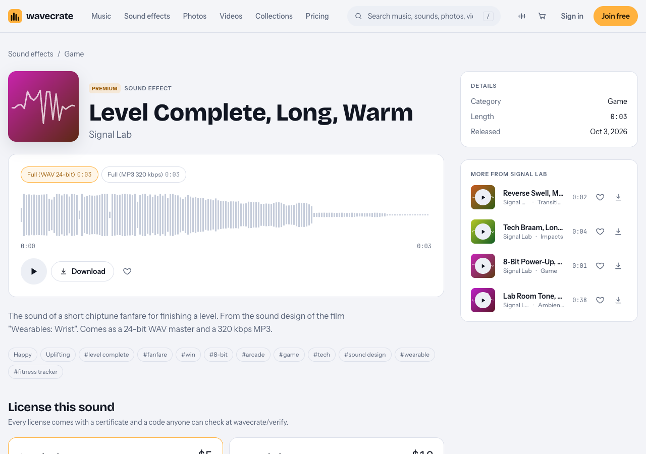 Wavecrate page for the sound effect Level Complete, Long, Warm, with its waveform, download button and tags