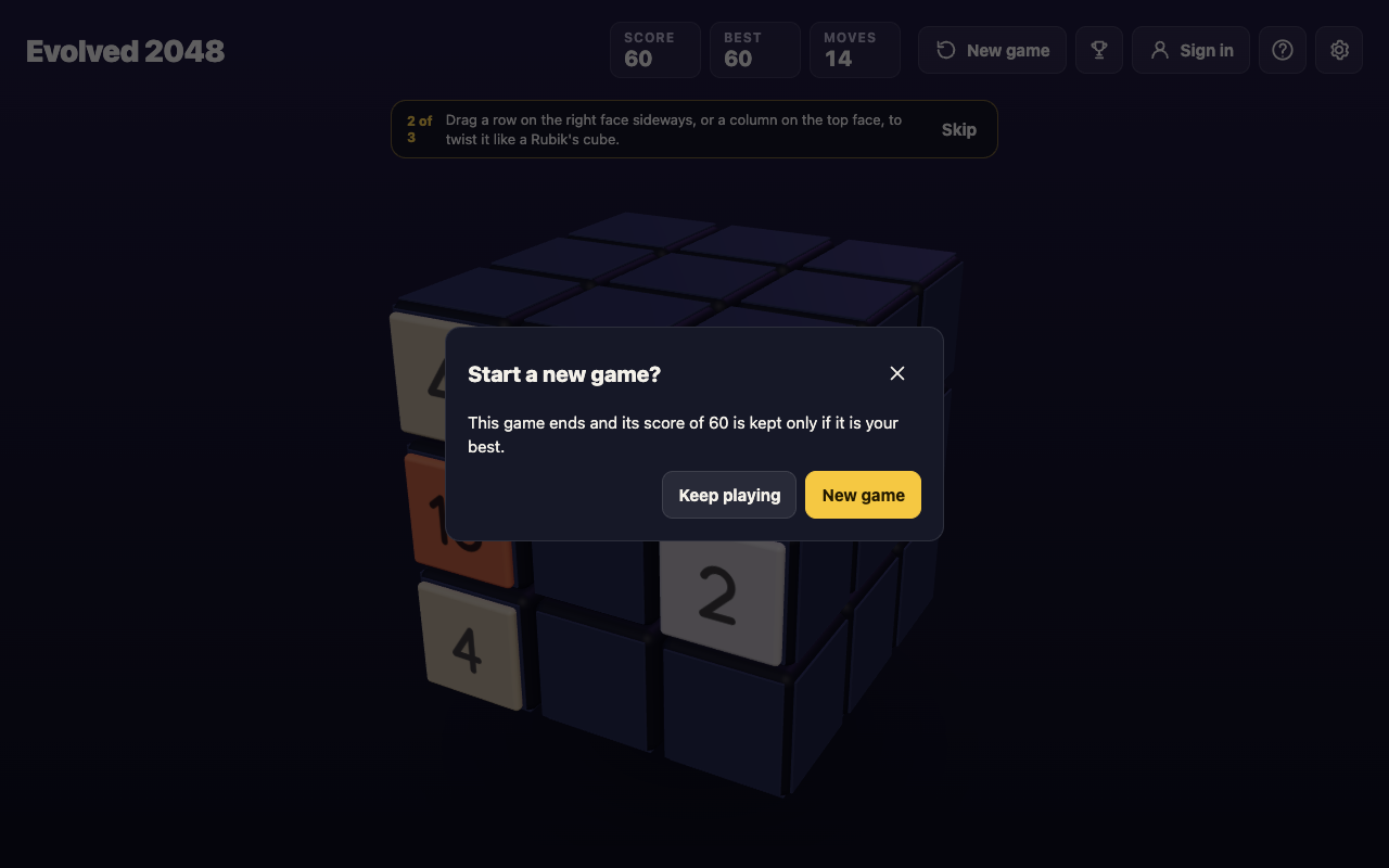 The Start a new game box over the cube, with Score 60, Best 60 and Moves 14 in the top bar