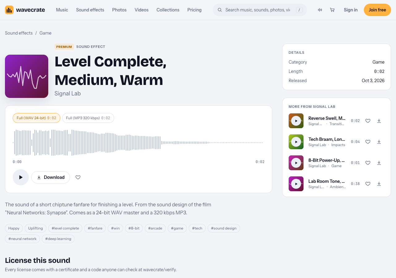 Wavecrate page for the sound effect Level Complete, Medium, Warm, marked Premium, with its waveform and tags