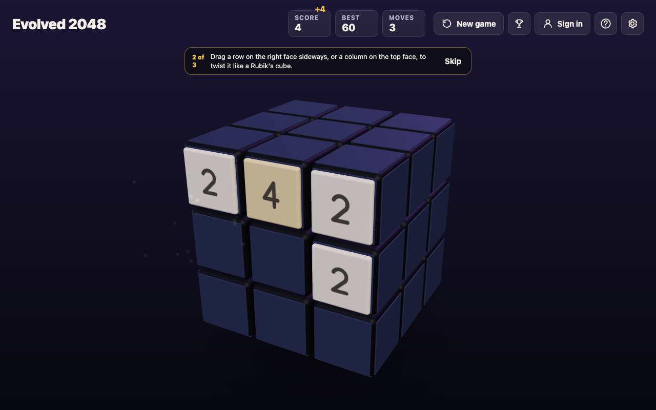 The game after a restart with Score 4 and Moves 3 while Best still reads 60