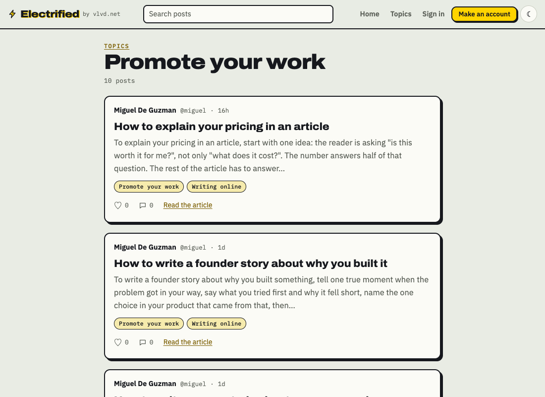 The Promote your work topic page on Electrified, listing published posts about explaining a product, project or idea