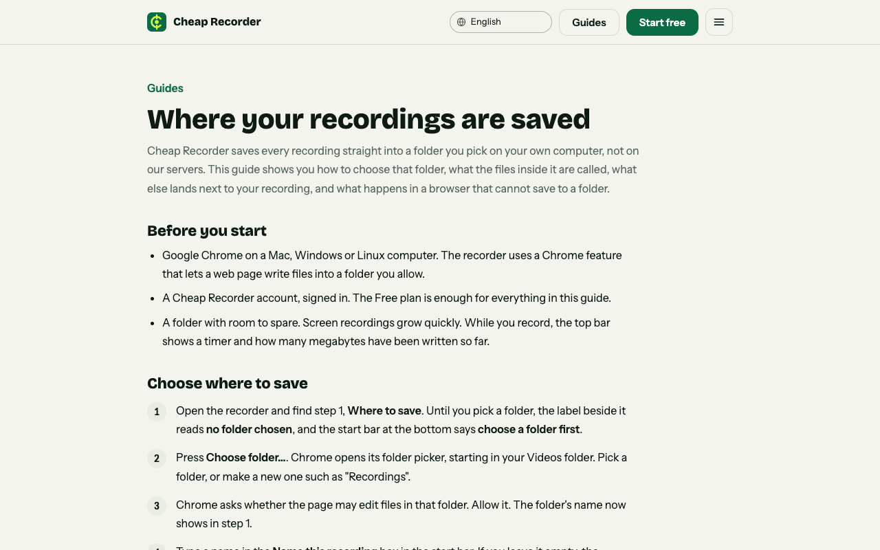 Cheap Recorder guide page explaining how to choose the folder where recordings are saved