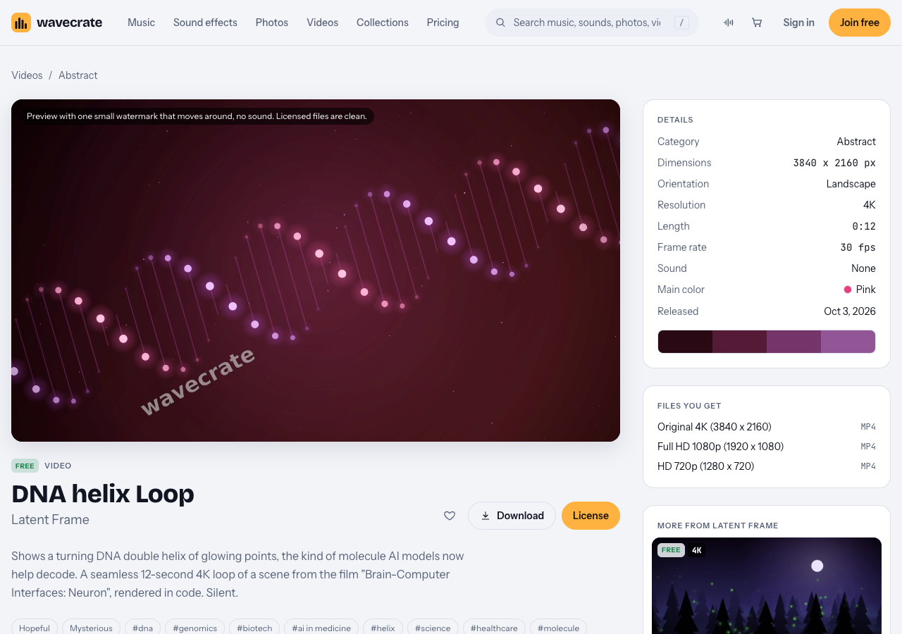 Wavecrate page for the DNA helix Loop video showing a pink turning helix of glowing points and its details