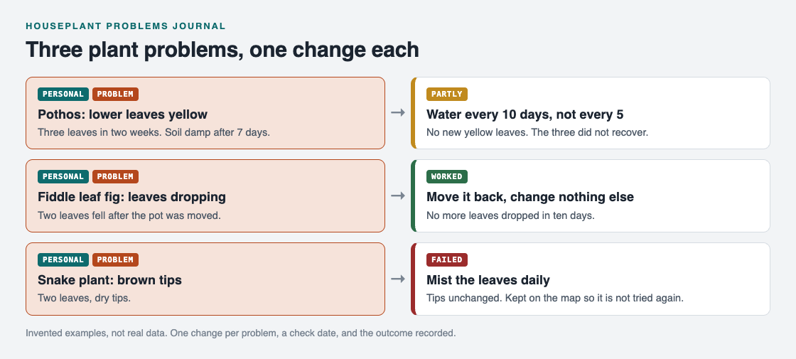 Diagram of three plant problems in the personal lane, each with one change tried and its outcome: partly, worked and failed