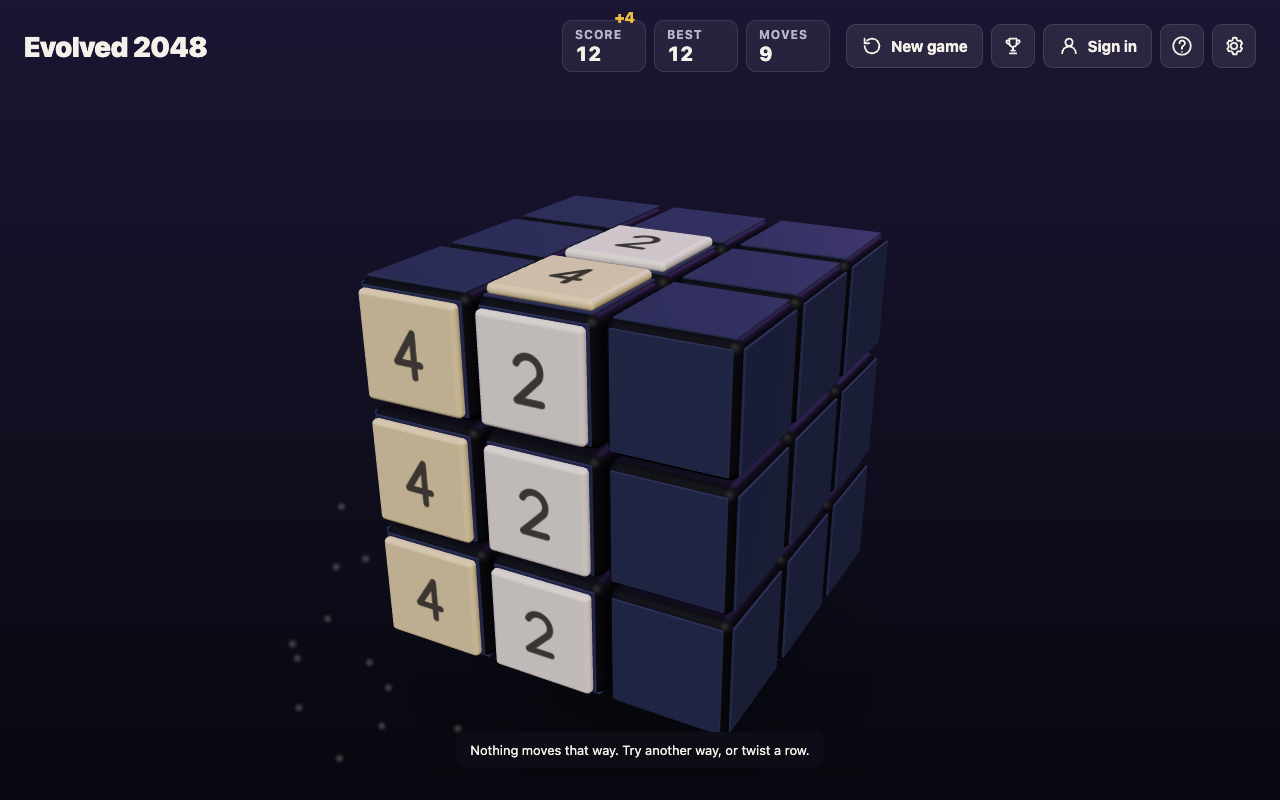 The Evolved 2048 cube with Moves at 9 and the message Nothing moves that way at the bottom