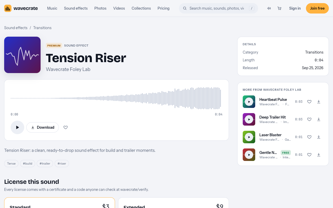 The Tension Riser sound effect page on Wavecrate showing a 4 second waveform that grows louder toward the end