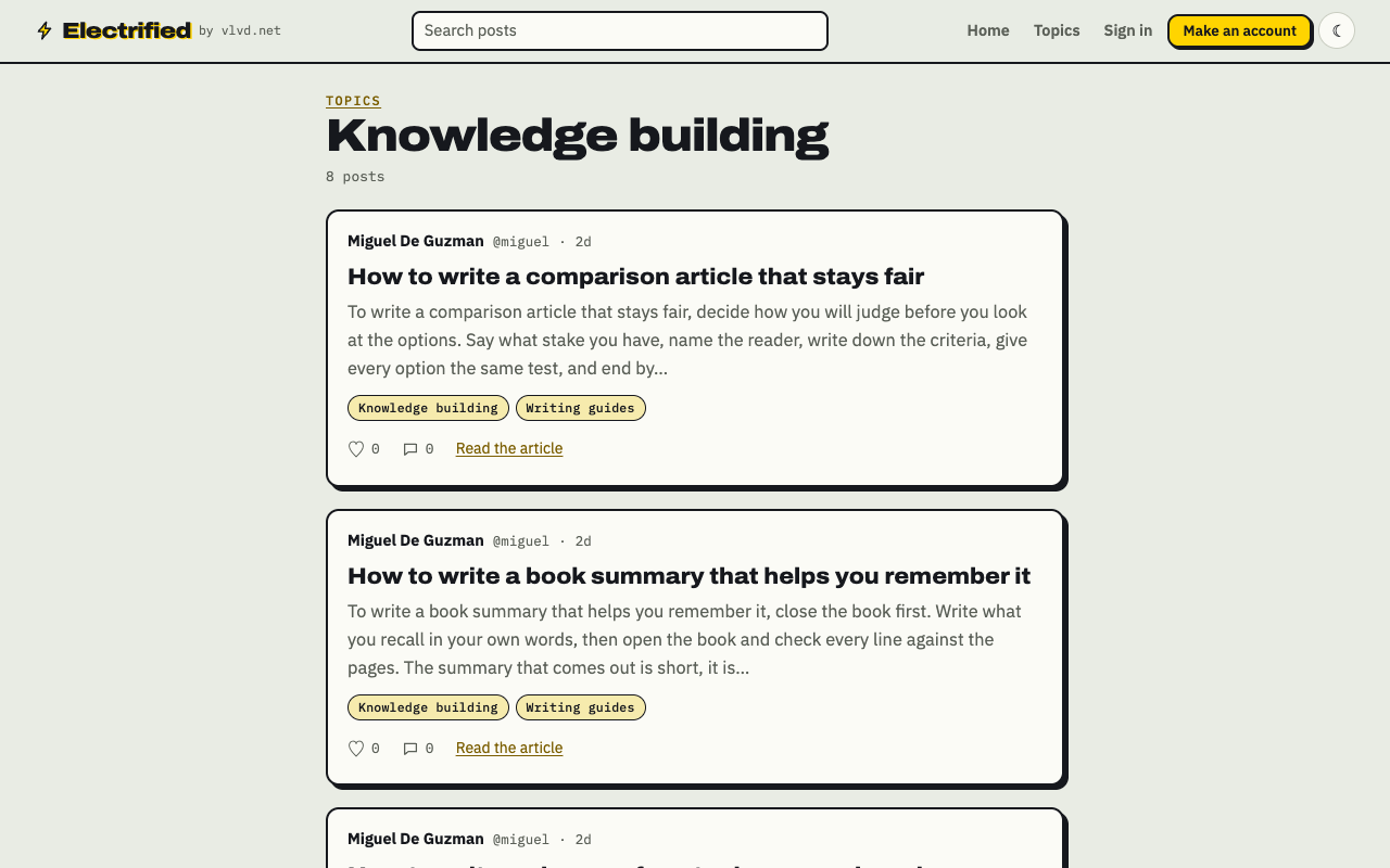The Knowledge building topic page on Electrified, listing published posts filed under that topic