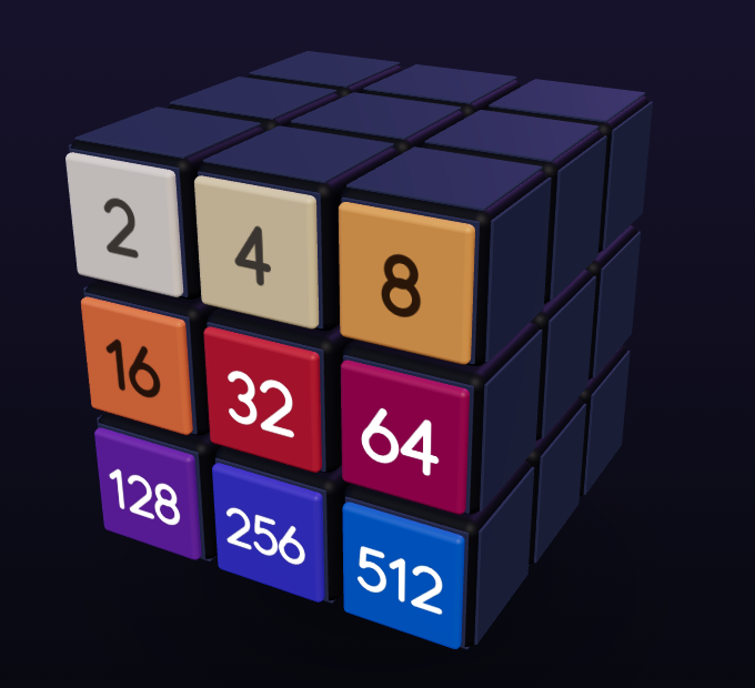 The front face of the Evolved 2048 cube holding tiles 2, 4, 8, 16, 32, 64, 128, 256 and 512, each a different color