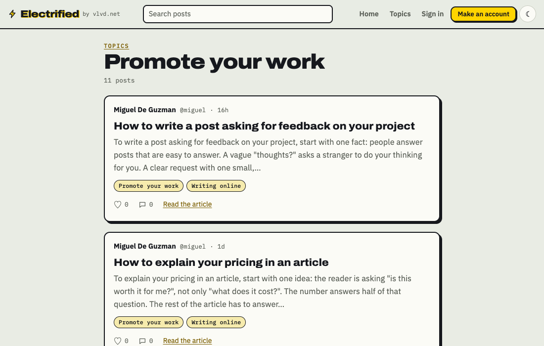 The Promote your work topic page on Electrified, listing published posts filed under that topic