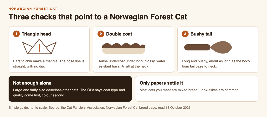 Diagram of the three checks for a Norwegian Forest Cat: a triangle head with a straight nose, a double coat and a bushy tail