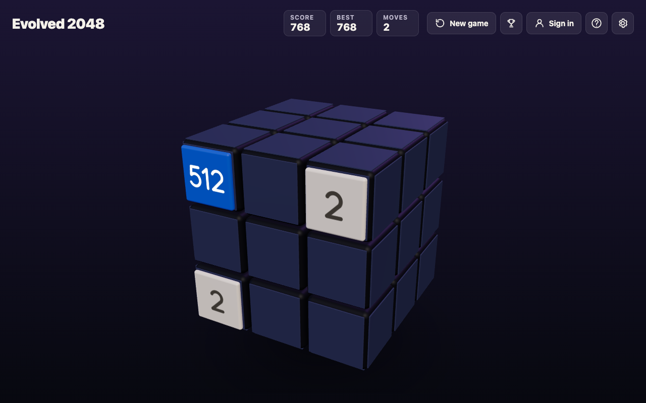 The Evolved 2048 cube after two slides, with a blue 512 tile in the top left corner, two cream 2 tiles and Score 768