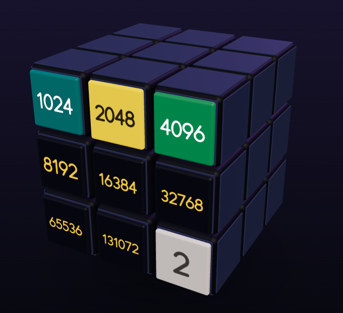 The Evolved 2048 cube with a teal 1024, a gold 2048, a green 4096 and five dark tiles with gold numbers from 8192 to 131072