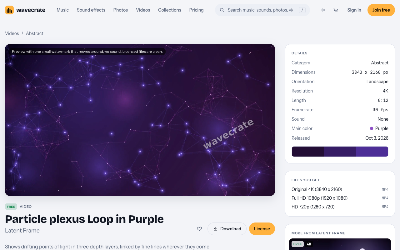 Wavecrate page for the Particle plexus Loop in Purple video showing linked points of light and its details