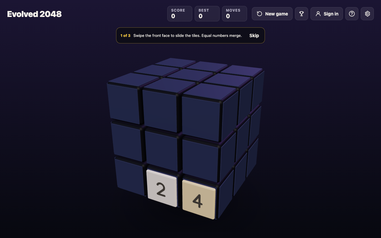 The Evolved 2048 cube after 65 seconds with no input, showing Score 0, Best 0 and Moves 0 and no clock