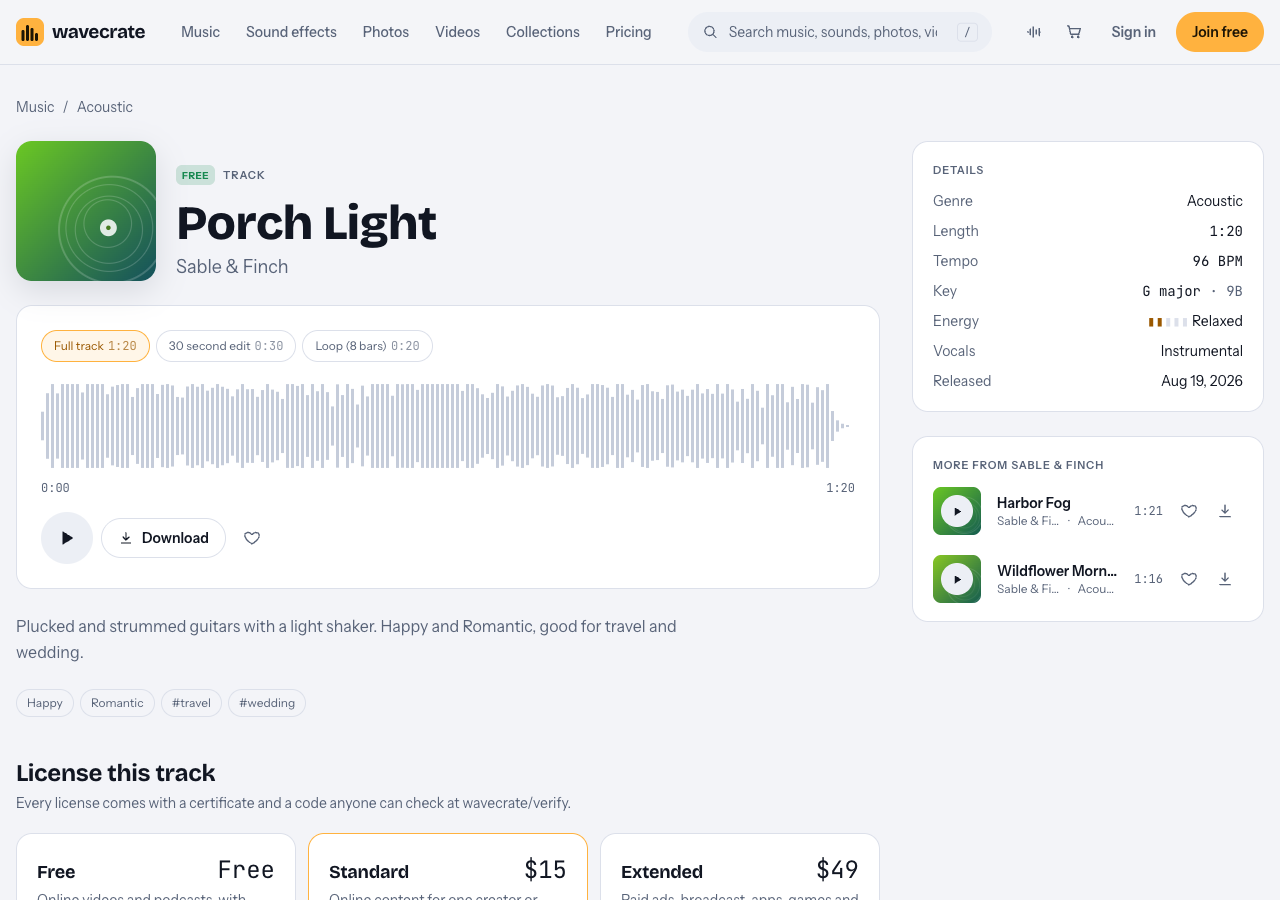The Porch Light track page on Wavecrate with its waveform, full track, 30 second edit and loop buttons, and details