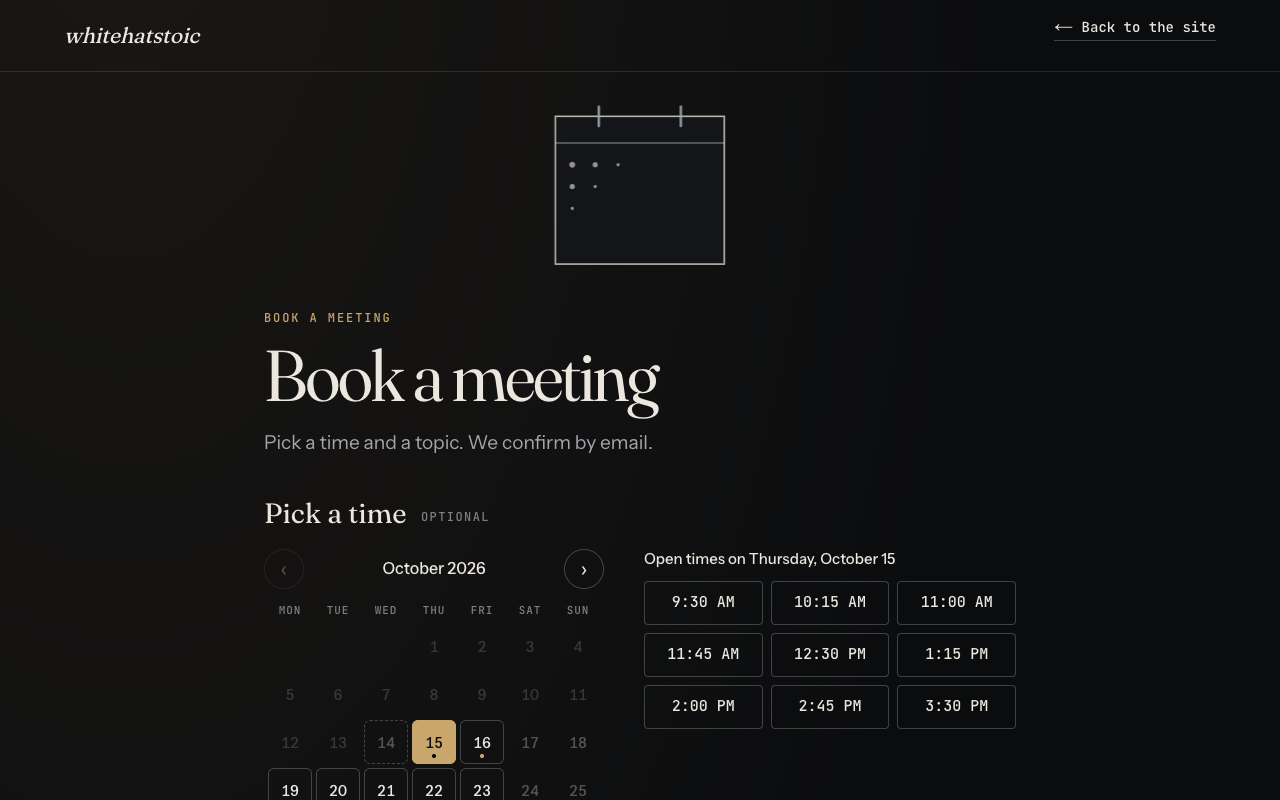 whitehatstoic's Book a meeting page with a calendar for picking a time and a list of open times