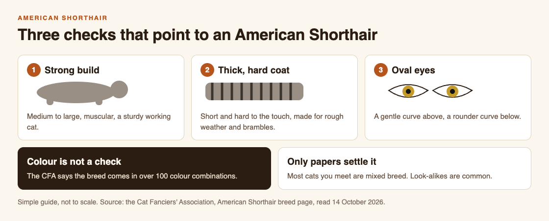 Diagram of three checks for an American Shorthair: a strong build, a thick hard coat and eyes with an oval upper curve and rounder lower curve