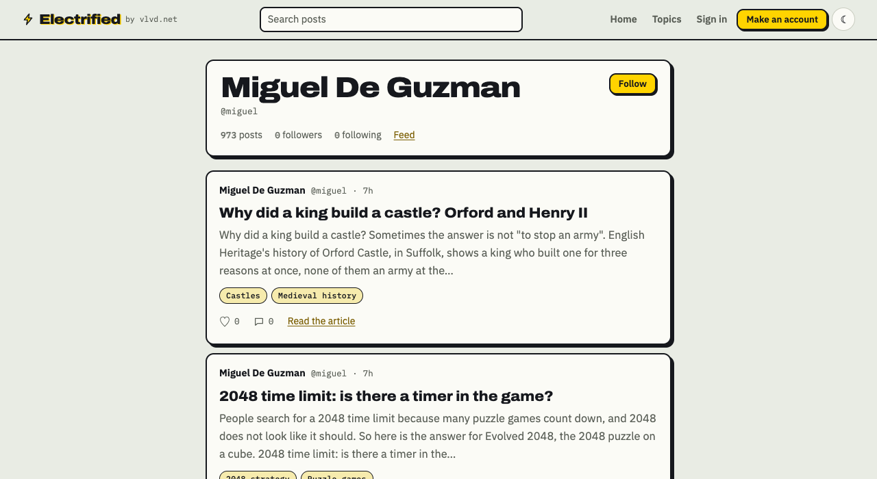 A writer page on Electrified with name, handle, post counts, a Follow button and a Feed link