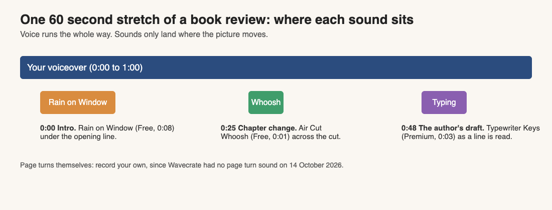 Timeline of a 60 second book review showing where Rain on Window, Air Cut Whoosh and Typewriter Keys sit under the voiceover