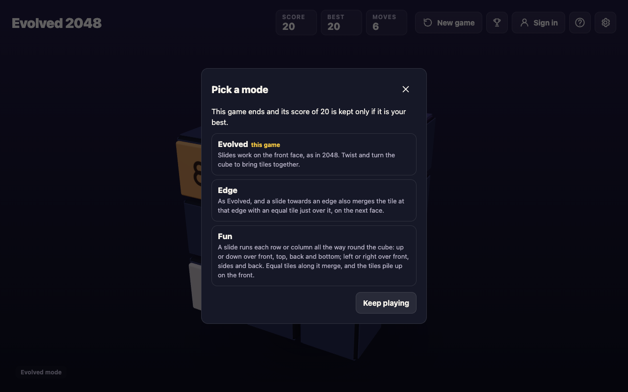 The Pick a mode box in the middle of an Evolved game, with this game marked in gold and a Keep playing button