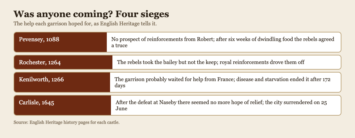 Diagram of four sieges and the help each garrison hoped for, from Pevensey in 1088 to Carlisle in 1645