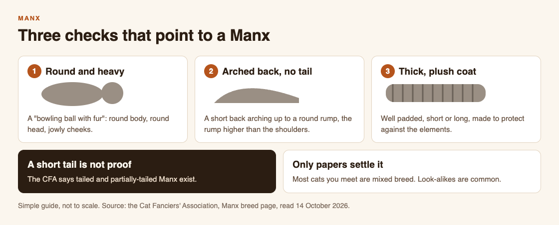Diagram of three checks for a Manx: a round body and head, an arched back with no tail, and a thick plush coat