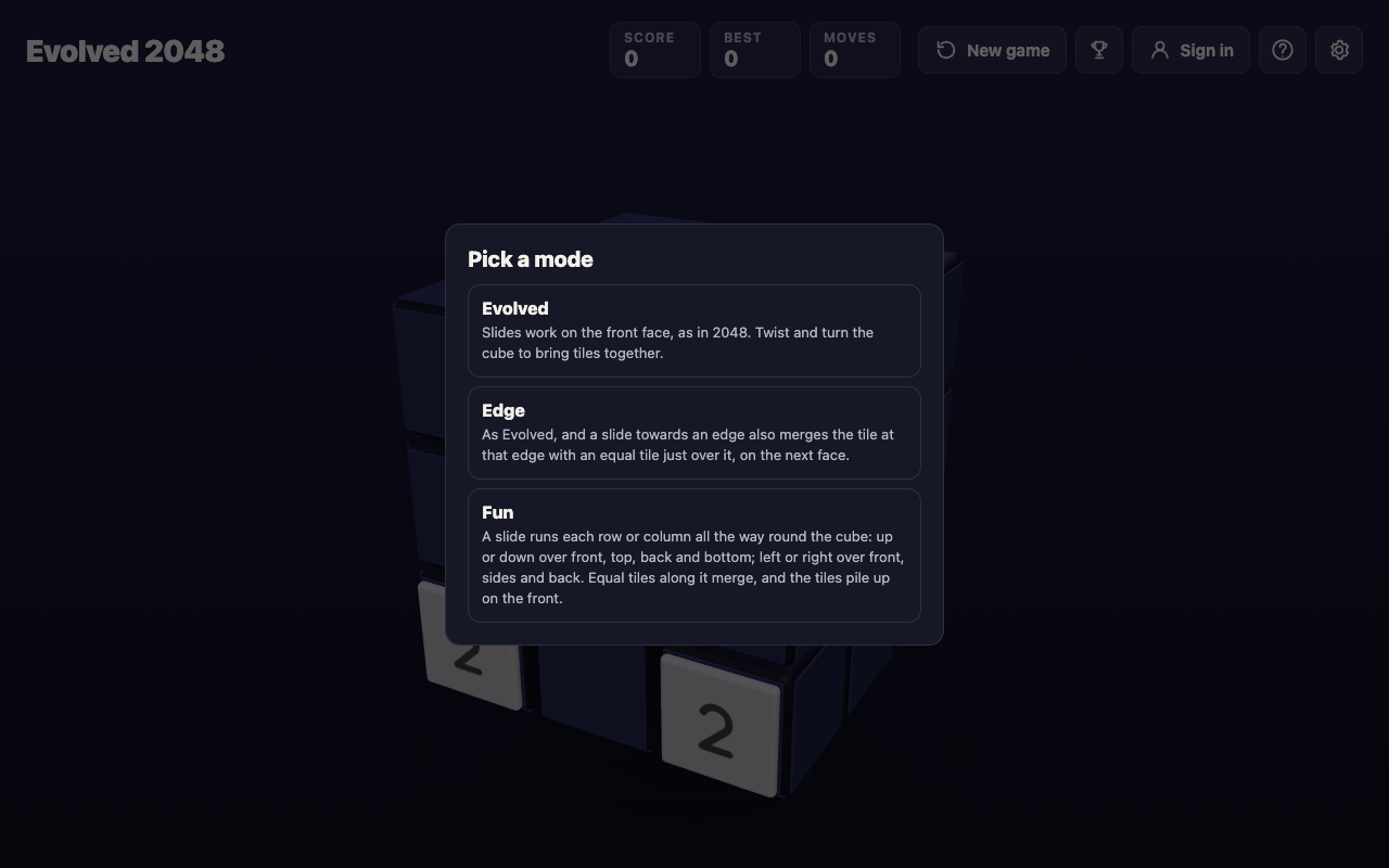 The Pick a mode box on a first visit to Evolved 2048, listing Evolved, Edge and Fun over a cube with two tiles