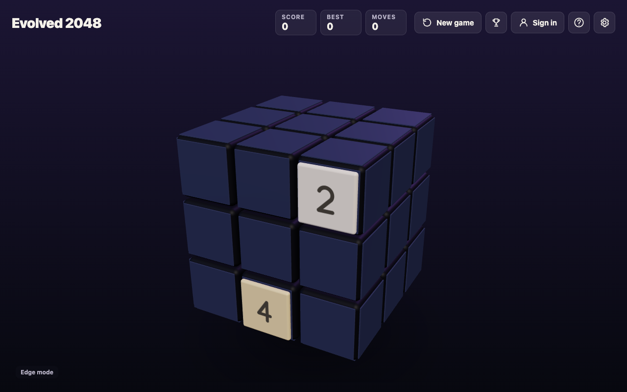 A fresh Edge mode game in Evolved 2048 showing Score 0, Moves 0, a 2 and a 4 on the cube, and Edge mode at the bottom left