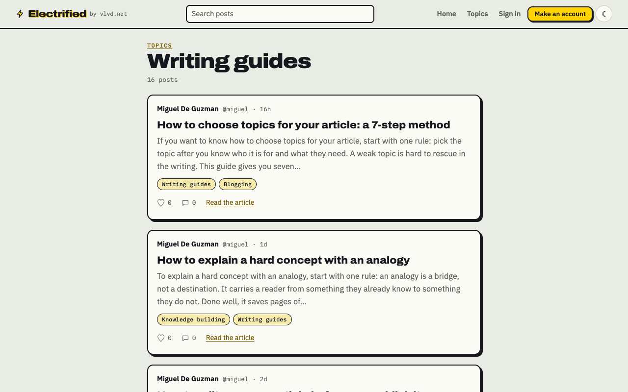 The Writing guides topic page on Electrified listing guides on writing, newest first