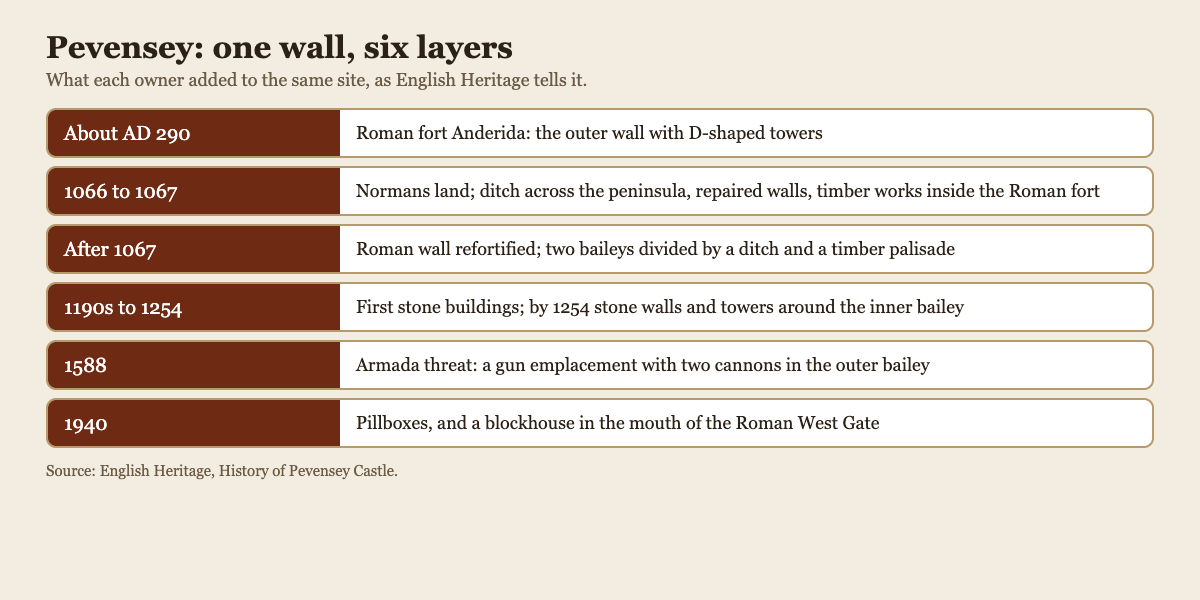 Diagram of Pevensey Castle's layers from the Roman fort of about AD 290 to the war of 1940